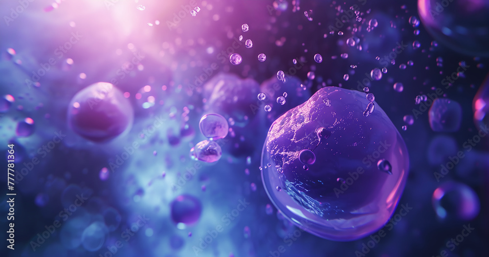 Poster A bunch of purple bubbles floating in the air. The bubbles are of different sizes and are scattered all over the image. Scene is light and playful