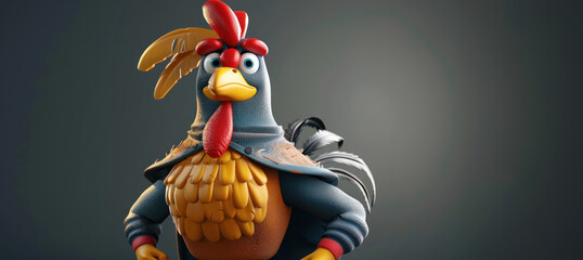 animated superhero rooster character with cape and heroic pose, copy space for text 