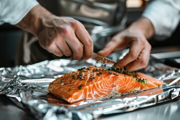 Close up of chef's hands cooking salmon fillet on foil.