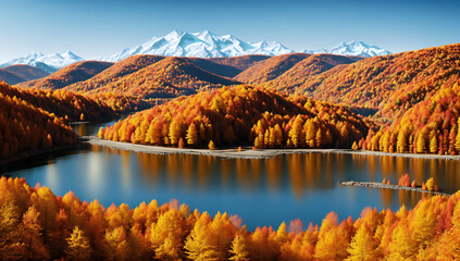 Autumn Landscape with Mountains in the Background.