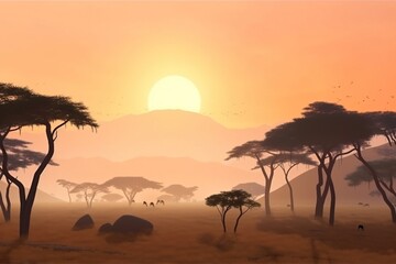 Nature in Africa day, landscape against the backdrop of the rising sun. Wild animals in the...