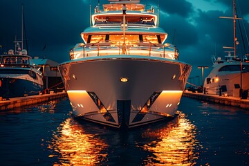 Luxury Yacht Illuminated at Twilight in Marina with Serene Water Reflections and Clear Skies
