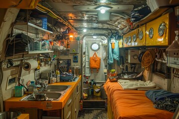 Cozy and Well Organized Interior of a Modern Submarine with Crew Member in Orange Coverall