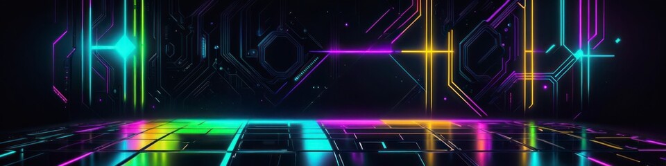 Fototapeta premium Futuristic technology banner, background, neon lines, glow, cyberpunk style, template for design, space for text 