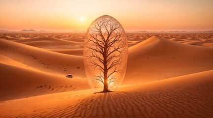 Beautiful desert landscape with fantastic tree - obrazy, fototapety, plakaty