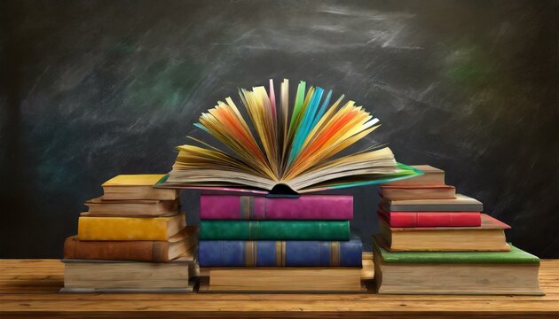 an array of colorful books on a wooden table, set against a blackboard background, embodying the rich and varied world of education