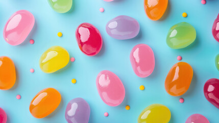 shiny and translucent jelly beans in vibrant pink and blue hues closeup