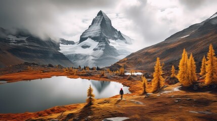 Scenery moody of Nublet peak with mount Assiniboine and hiker standing