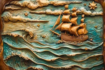 Vintage Carved Wooden Sailing Ship on Ocean Waves with Clouds and Stars in Rustic Art Style for Wall Decor
