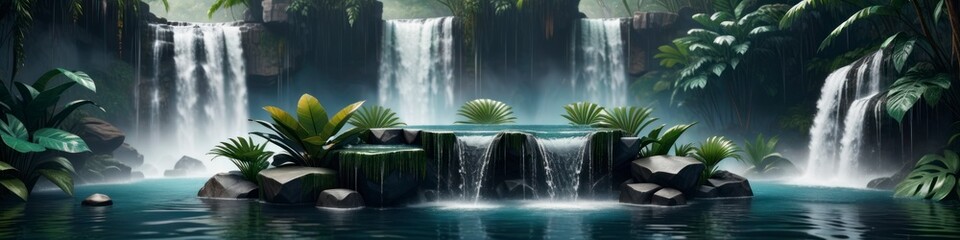 Abstract 3D illustration of water body with waterfall on tropical forest background. Background for design, space for text.	