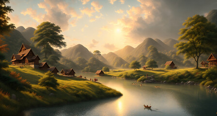 A serene landscape with a river running through it, surrounded by mountains and trees.