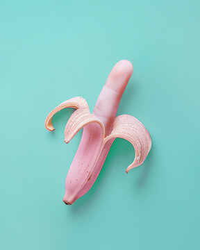 Banana with peel painted pink giving middle finger to someone, isolated mint green background. Minimal concept. Provoking hand gesture of insult, contempt, disrespect. Flat lay, top view.