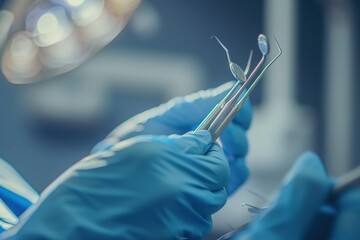 A serene image of a dentist's gloved hands gently cradling examination tools, soft focus, pastel tones, evoking a sense of comfort and trust - obrazy, fototapety, plakaty
