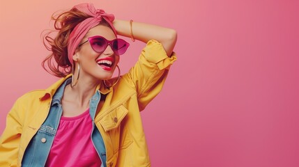 A stylish and confident woman embodying the essence of a supermodel, against a solid color backdrop, with plenty of copy space for text, real photo