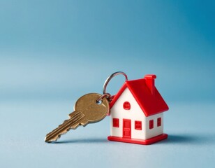 house keychain with a key on a blue background. Concept for Apartment rental, Real estate and home purchase. Top view, copy space