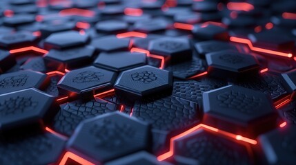 Fototapeta premium : A 3D illustration of dark hexagonal shapes with glowing edges, presenting a futuristic vibe, abstract render generative ai images