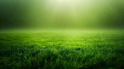 Fototapeta na wymiar Foggy Green Field with Sunlight at Horizon