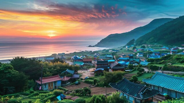 korean traditional village near the beach and mountain jeju vibes south korea traditional roof with animated of cloudy sky movement dark cloud with sunset sun rise
