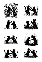 Series of black and white vector illustrations of cats in playful and affectionate poses