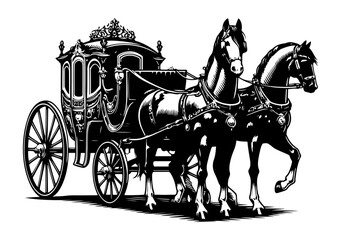 Vintage horse-drawn carriage in detailed black vector illustration, regal transport depiction