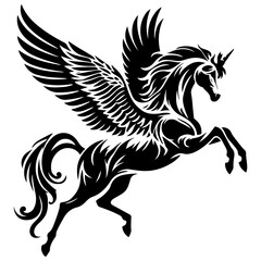 Elegant pegasus silhouette in black vector illustration, mythical winged horse in flight