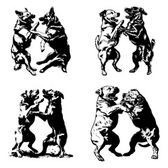Set of black and white vector illustrations showing playful dogs dancing and enjoying themselves