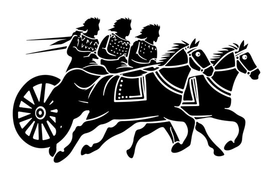Silhouette of an ancient chariot race with warriors in dynamic motion, black vector artwork