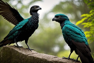 Two blue parrots perched on a rock, looking at each other.