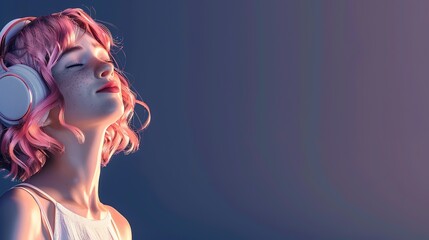 3D rendering, a beautiful girl is looking aside, a beautiful smile, pink hair, Golden Glitz, headphone on the head, white dress, stock photography, copy space