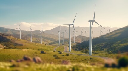 Selective focus on wind farm. Wind energy. Wind power. Sustainable, renewable energy. Wind turbines generate electricity.