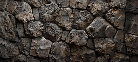 close-up on fragment of wall with masonry of rough gray stones of various shapes. Abstract background texture