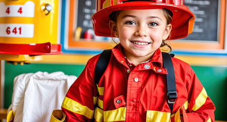 A young girl wearing a firefighters uniform, standing in front of a classroom.
