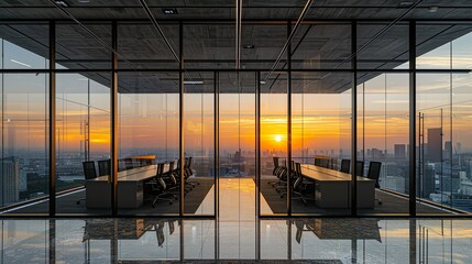 Luxury office with high ceilings and spacious windows overlooking the city skyline at sunset