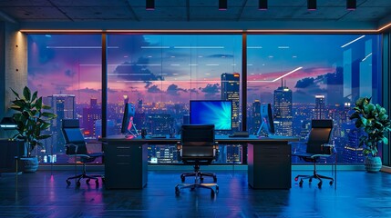 Luxury office with high ceilings and spacious windows overlooking the city skyline at sunset - obrazy, fototapety, plakaty