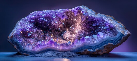 Vibrant purple amethyst geode rock, sparkling and lustrous crystals inside with striking textures and natural patterns - obrazy, fototapety, plakaty