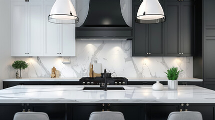 modern kitchen interior in black and white, shaker kitchen cabinet, luxury and minimalist kitchen interior design, zen