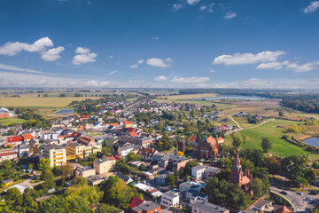 Aerial skyline cityscape of Miłosław, a town in Września County, Greater Poland Voivodeship...