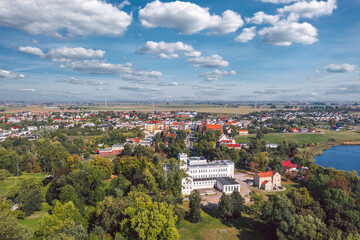 Fototapeta na wymiar Aerial skyline cityscape of Miłosław, a town in Września County, Greater Poland Voivodeship (Wielkopolska), Poland on a sunny summer day.