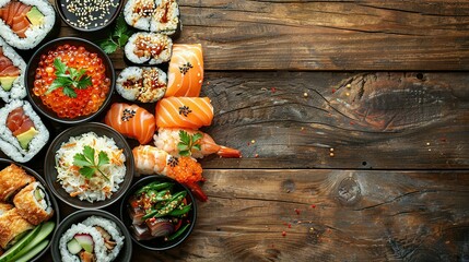 Asian food served on white wooden table and black background, top view, space for text.