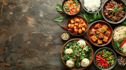 Asian food served on white wooden table and black background, top view, space for text.