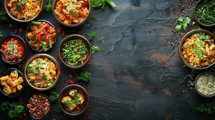 Asian food served on white wooden table and black background, top view, space for text.