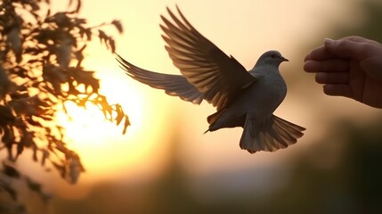 Silhouette of Dove carrying olive leaf branch .Freedom concept and international day