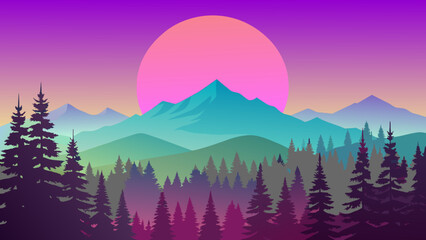 Nature’s Palette: A Vibrant Vector Illustration of a Colorful Mountain Landscape with Sun and Trees