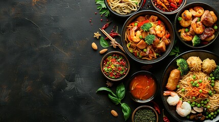 Asian food served on white wooden table and black background, top view, space for text.