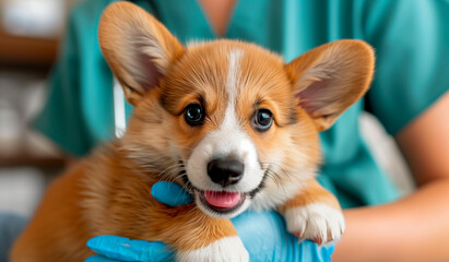 a veterinarian in blue silicone gloves carefully holds a pet puppy for a veterinary examination, pet check up and vaccination. 