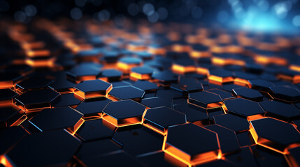 Fototapeta premium Futuristic Blue Hexagons with Orange Edges on Dark