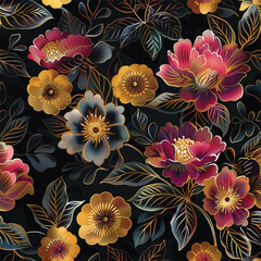 Painting of gold floral wallpaper pattern with flowers