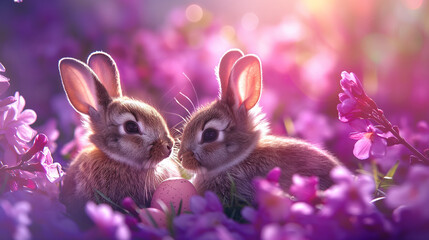 Fototapeta premium Easter bunnies and eggs, delicate flowers on purpul background. Generative AI