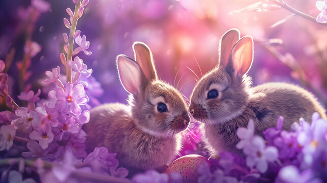 Easter bunnies and eggs, delicate flowers on purpul background. Generative AI