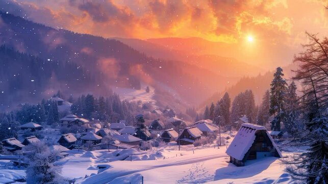 snow in the mountain village area full of snow in the morning with sun rise and animated cloudy sky orrange cloud